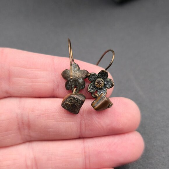 Copper Flower Crystal And Tiger's Eye Stone Earrings A6499 - Picture 3 of 5